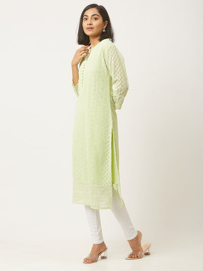 Green Poly Georgette Straight Embroidered Stitched Kurta