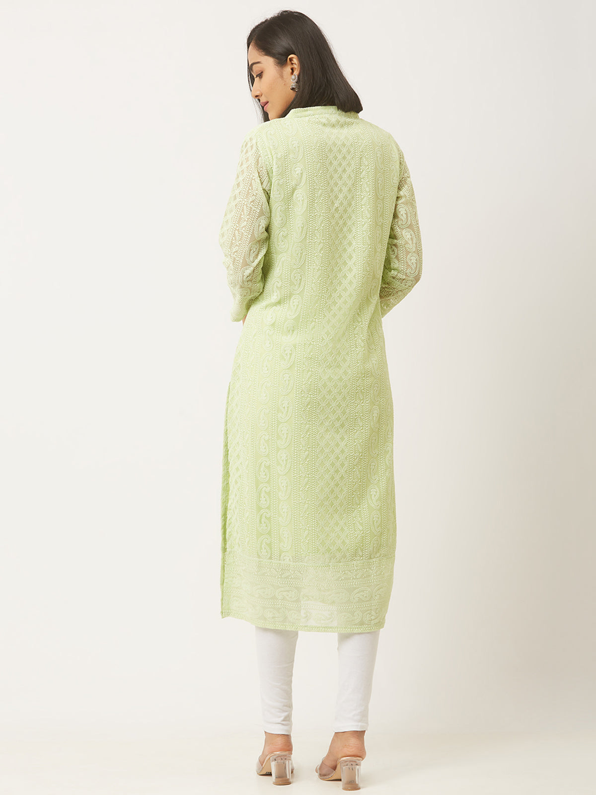 Green Poly Georgette Straight Embroidered Stitched Kurta