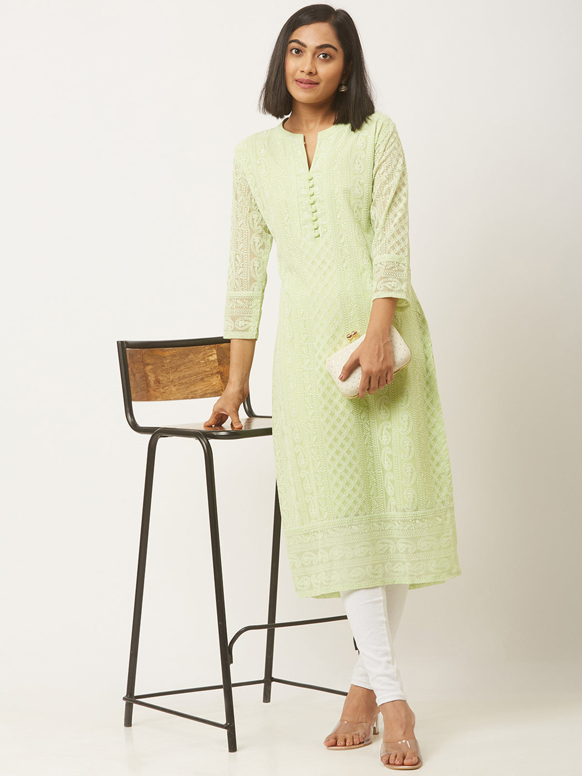 Green Poly Georgette Straight Embroidered Stitched Kurta