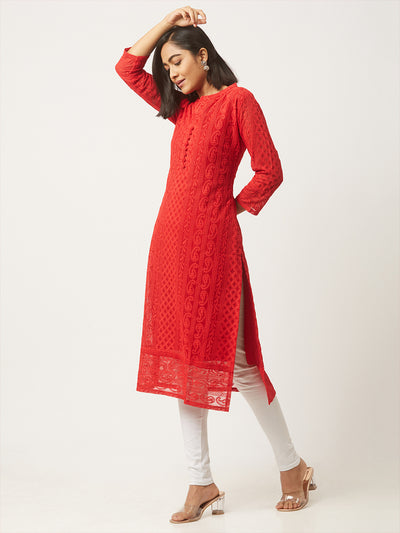 Red Poly Georgette Straight Embroidered Stitched Kurta