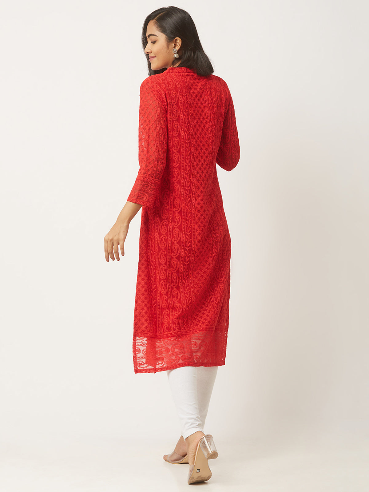 Red Poly Georgette Straight Embroidered Stitched Kurta