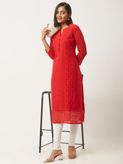 Red Poly Georgette Straight Embroidered Stitched Kurta