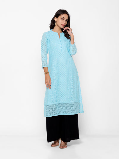 Blue Poly Georgette Straight Embroidered Stitched Kurta