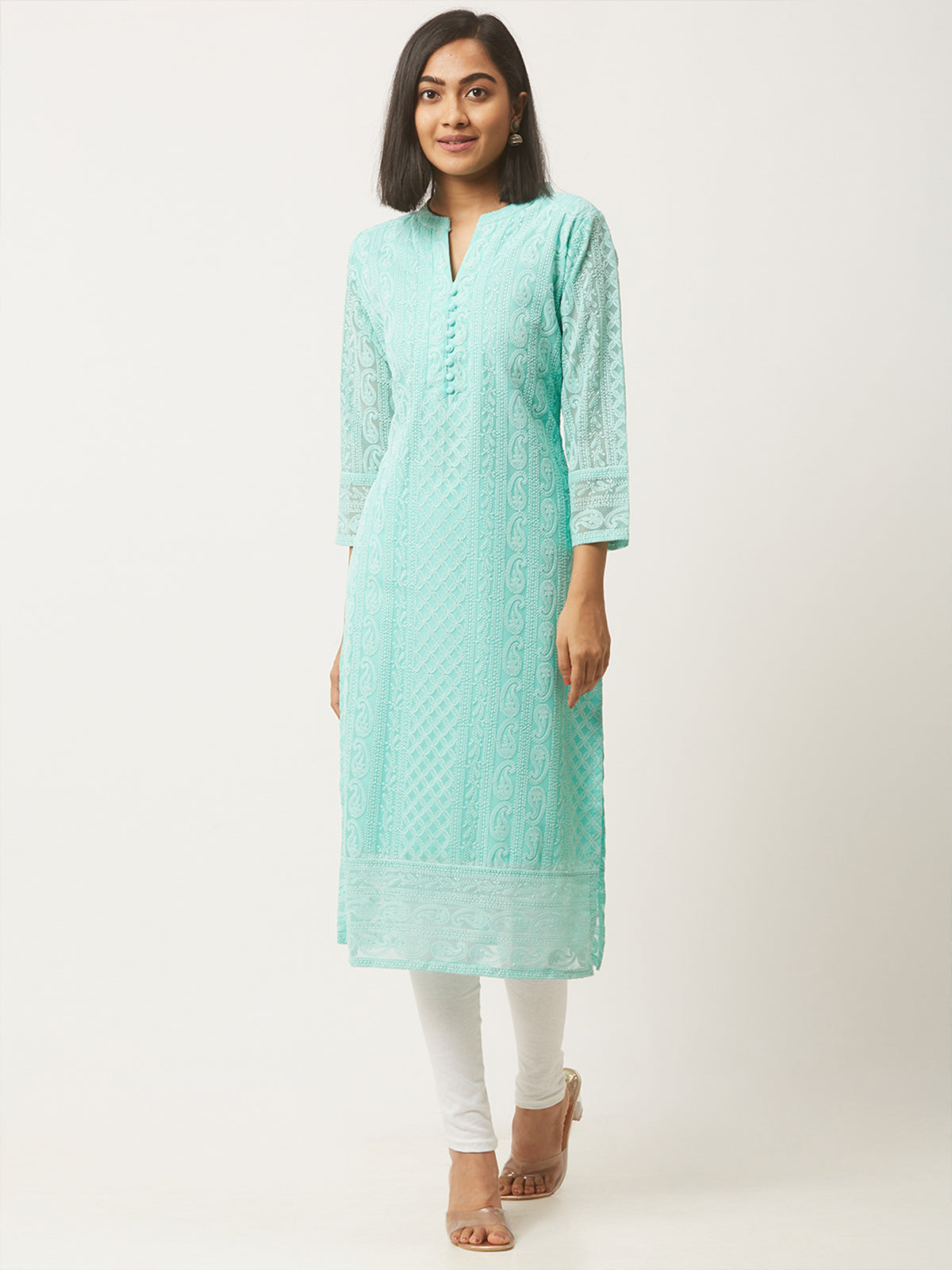 Blue Poly Georgette Straight Embroidered Stitched Kurta