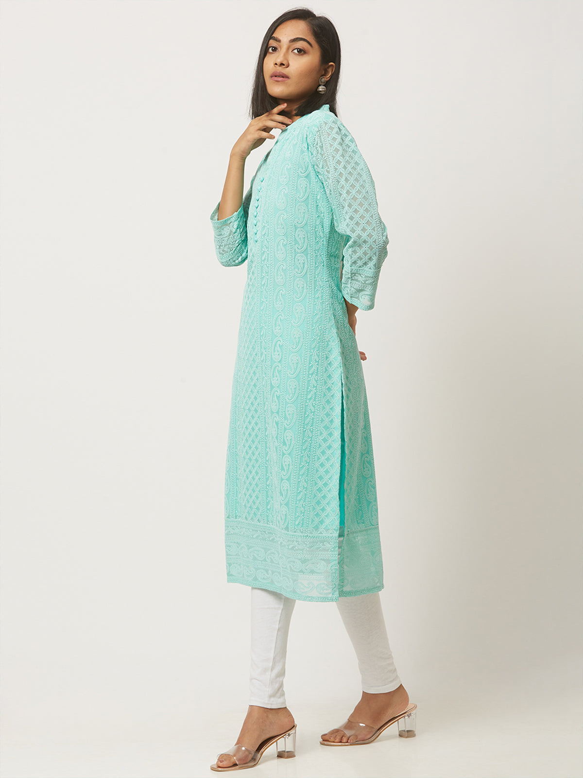 Blue Poly Georgette Straight Embroidered Stitched Kurta