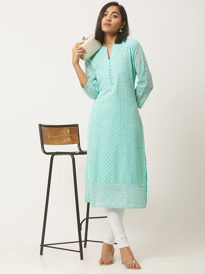 Blue Poly Georgette Straight Embroidered Stitched Kurta