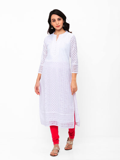 White Poly Georgette Straight Embroidered Stitched Kurta