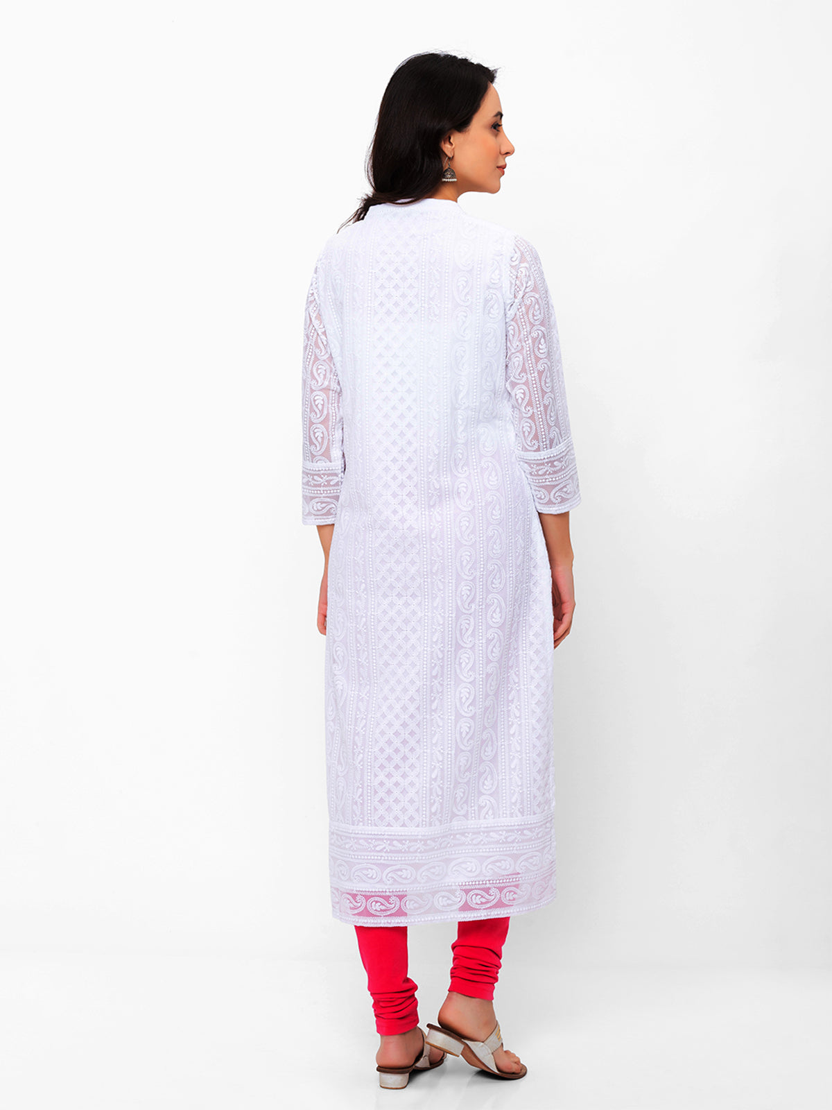 White Poly Georgette Straight Embroidered Stitched Kurta