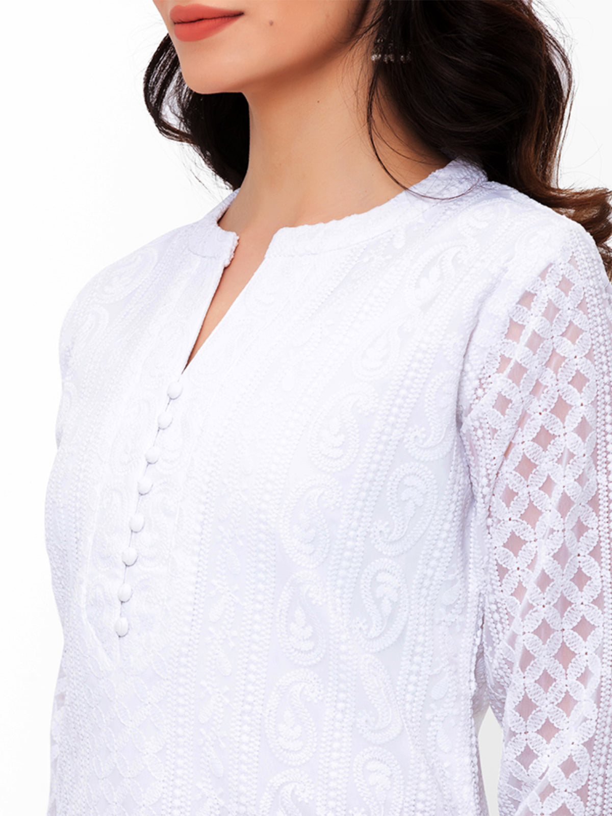 White Poly Georgette Straight Embroidered Stitched Kurta