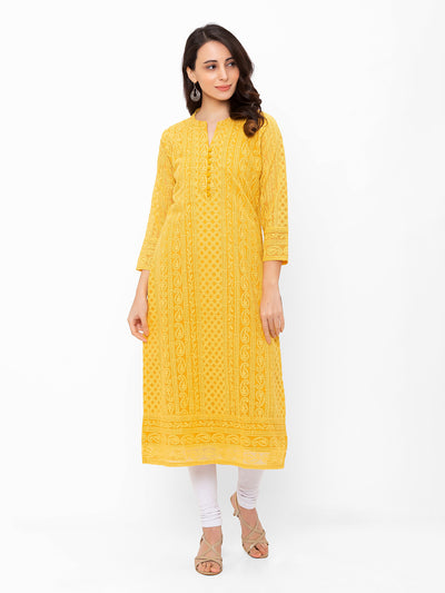 Yellow Poly Georgette Straight Embroidered Stitched Kurta