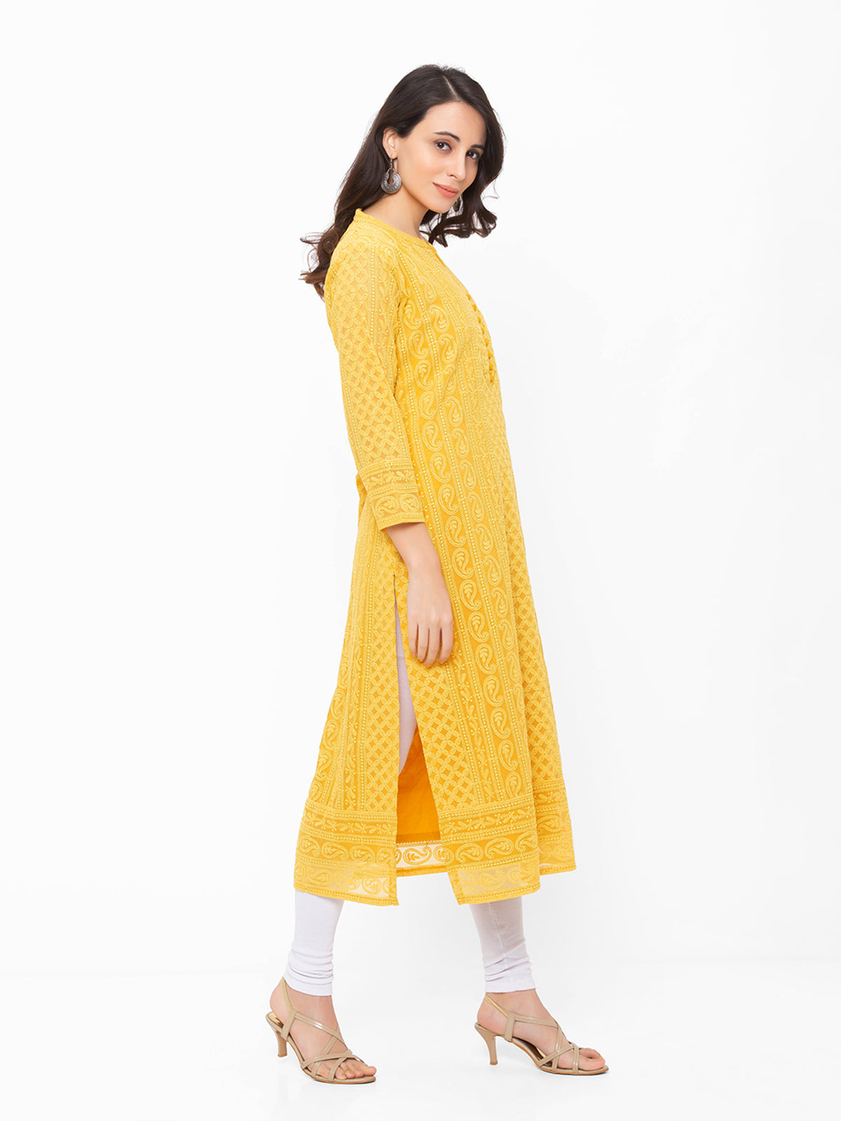 Yellow Poly Georgette Straight Embroidered Stitched Kurta