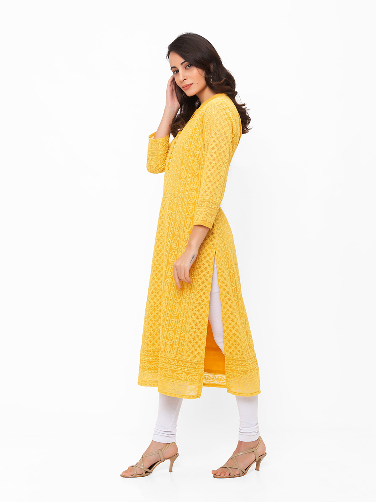 Yellow Poly Georgette Straight Embroidered Stitched Kurta