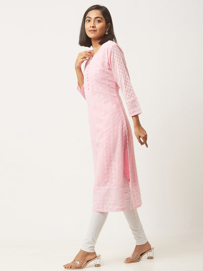 Pink Poly Georgette Straight Embroidered Stitched Kurta