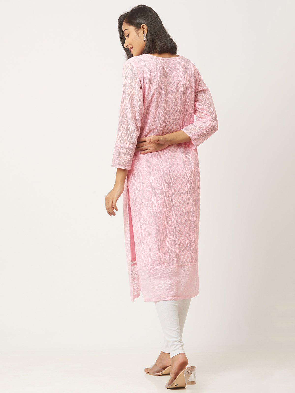 Pink Poly Georgette Straight Embroidered Stitched Kurta