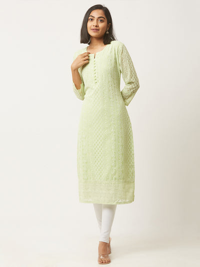 Light Green Poly Georgette Straight Embroidered Stitched Kurta