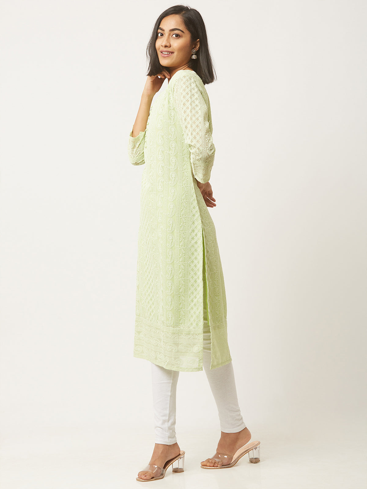 Light Green Poly Georgette Straight Embroidered Stitched Kurta