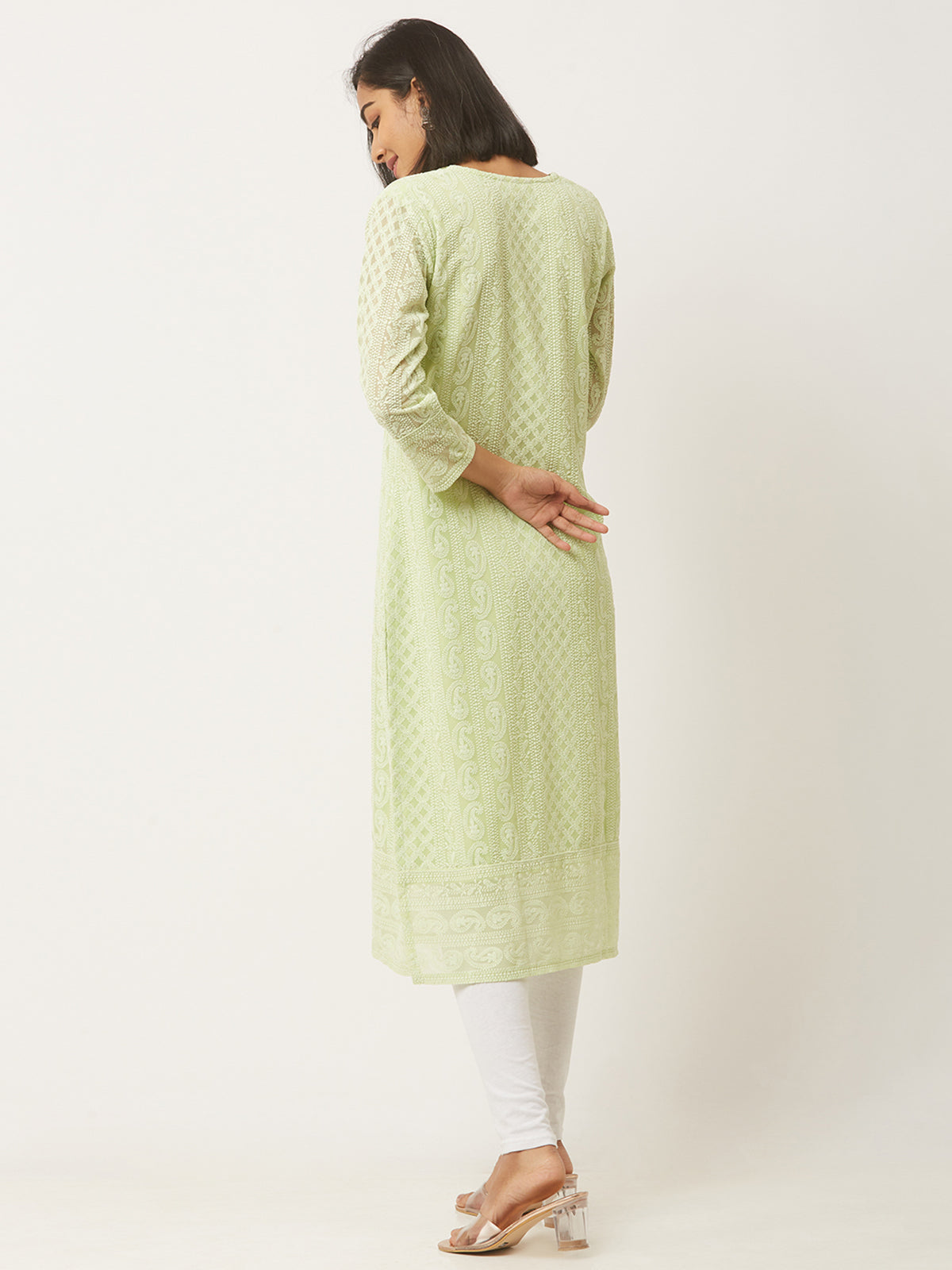 Light Green Poly Georgette Straight Embroidered Stitched Kurta