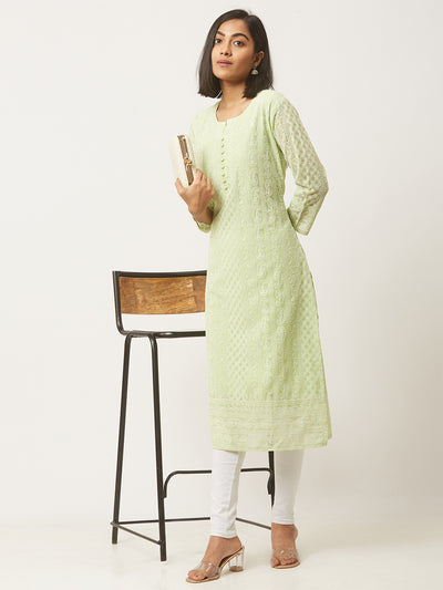 Light Green Poly Georgette Straight Embroidered Stitched Kurta