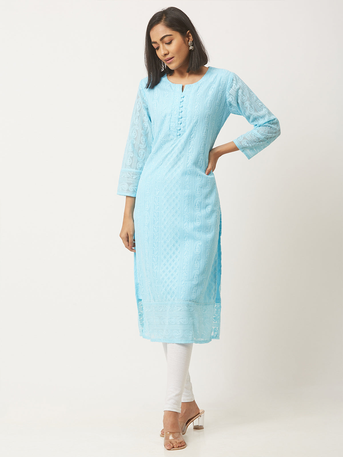 Blue Poly Georgette Straight Embroidered Stitched Kurta