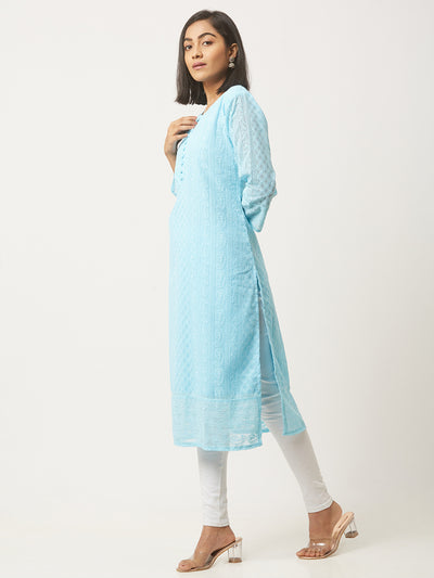 Blue Poly Georgette Straight Embroidered Stitched Kurta