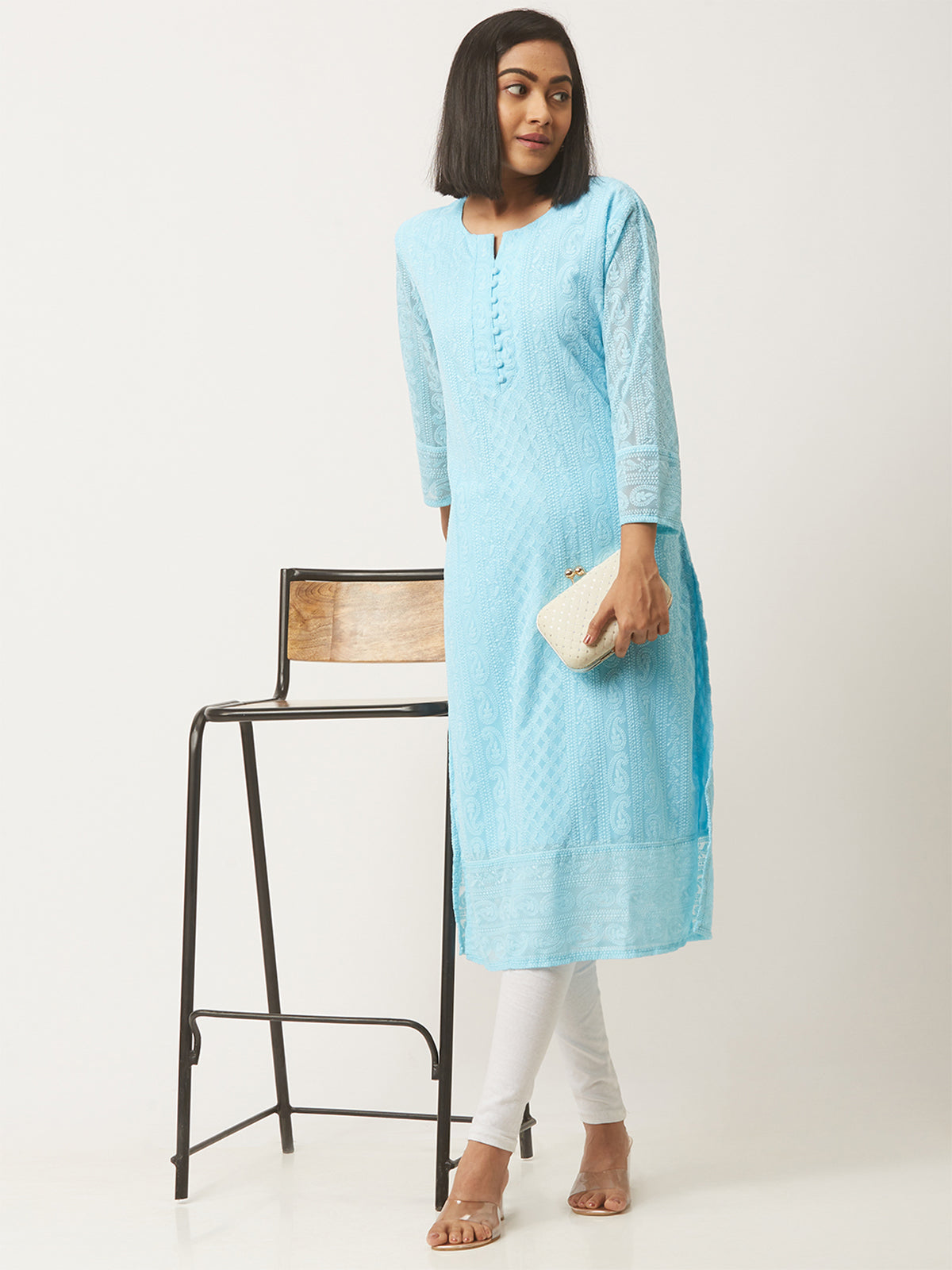 Blue Poly Georgette Straight Embroidered Stitched Kurta