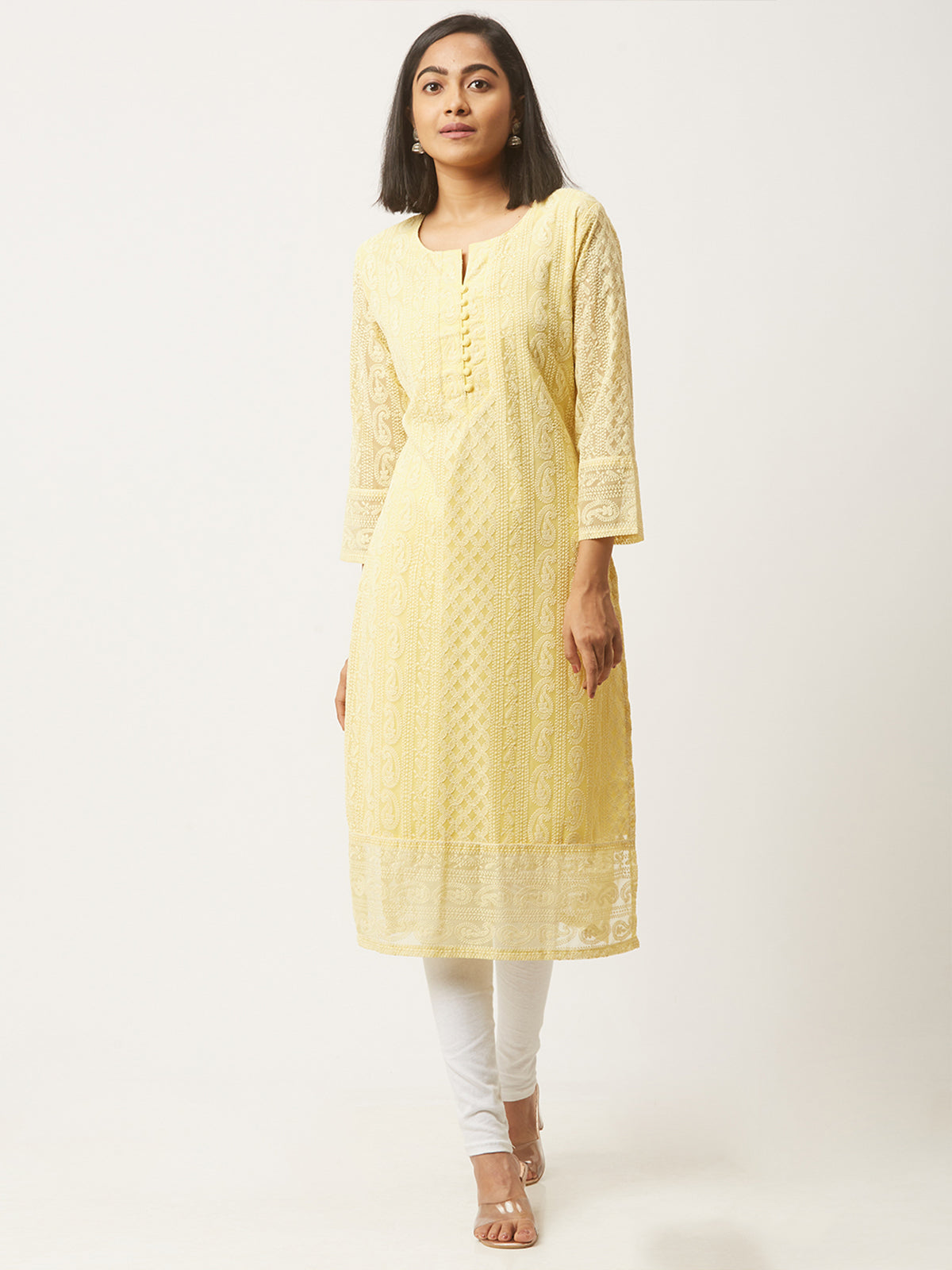 Yellow Poly Georgette Straight Embroidered Stitched Kurta