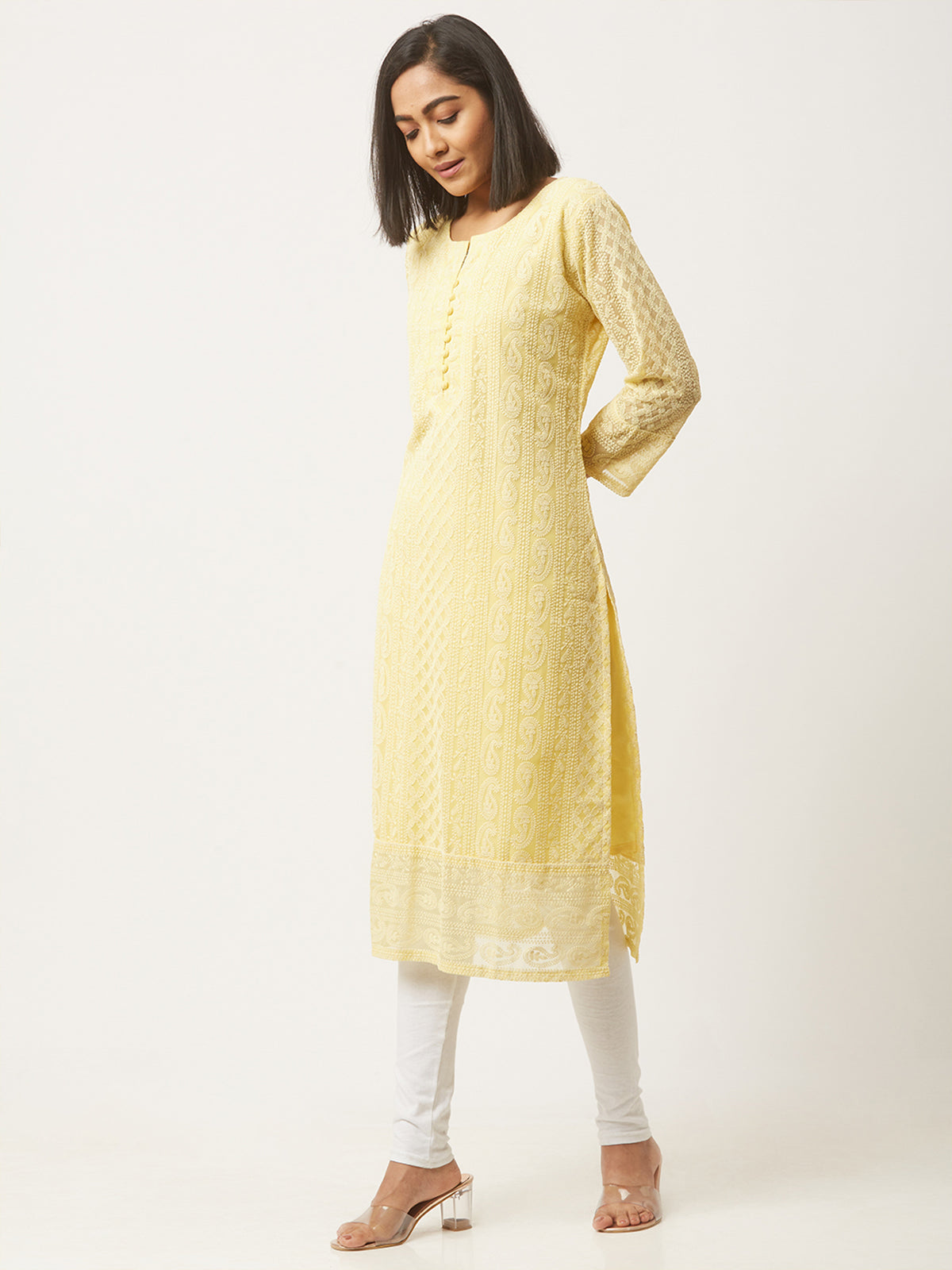 Yellow Poly Georgette Straight Embroidered Stitched Kurta