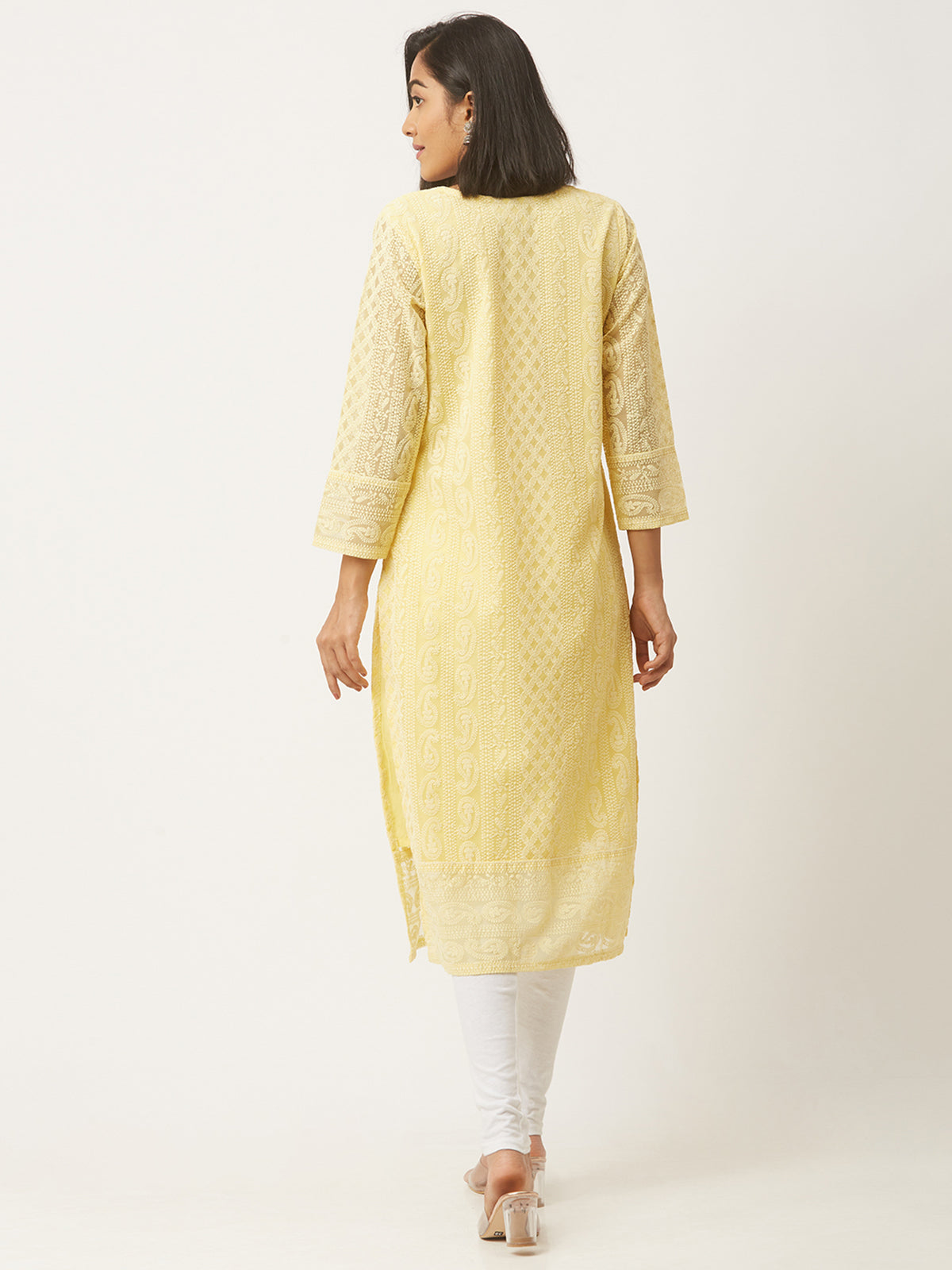 Yellow Poly Georgette Straight Embroidered Stitched Kurta