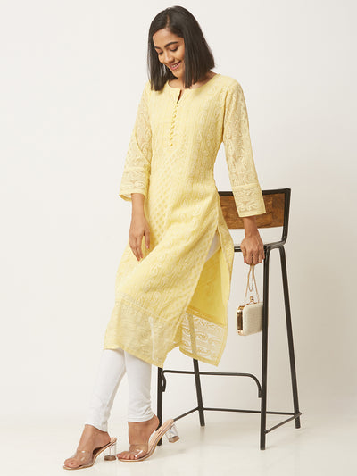 Yellow Poly Georgette Straight Embroidered Stitched Kurta