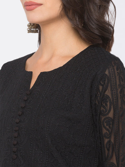 Black Poly Georgette Straight Embroidered Stitched Kurta