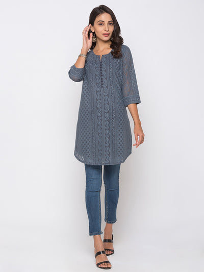 Grey Poly Georgette Straight Embroidered Stitched Kurta