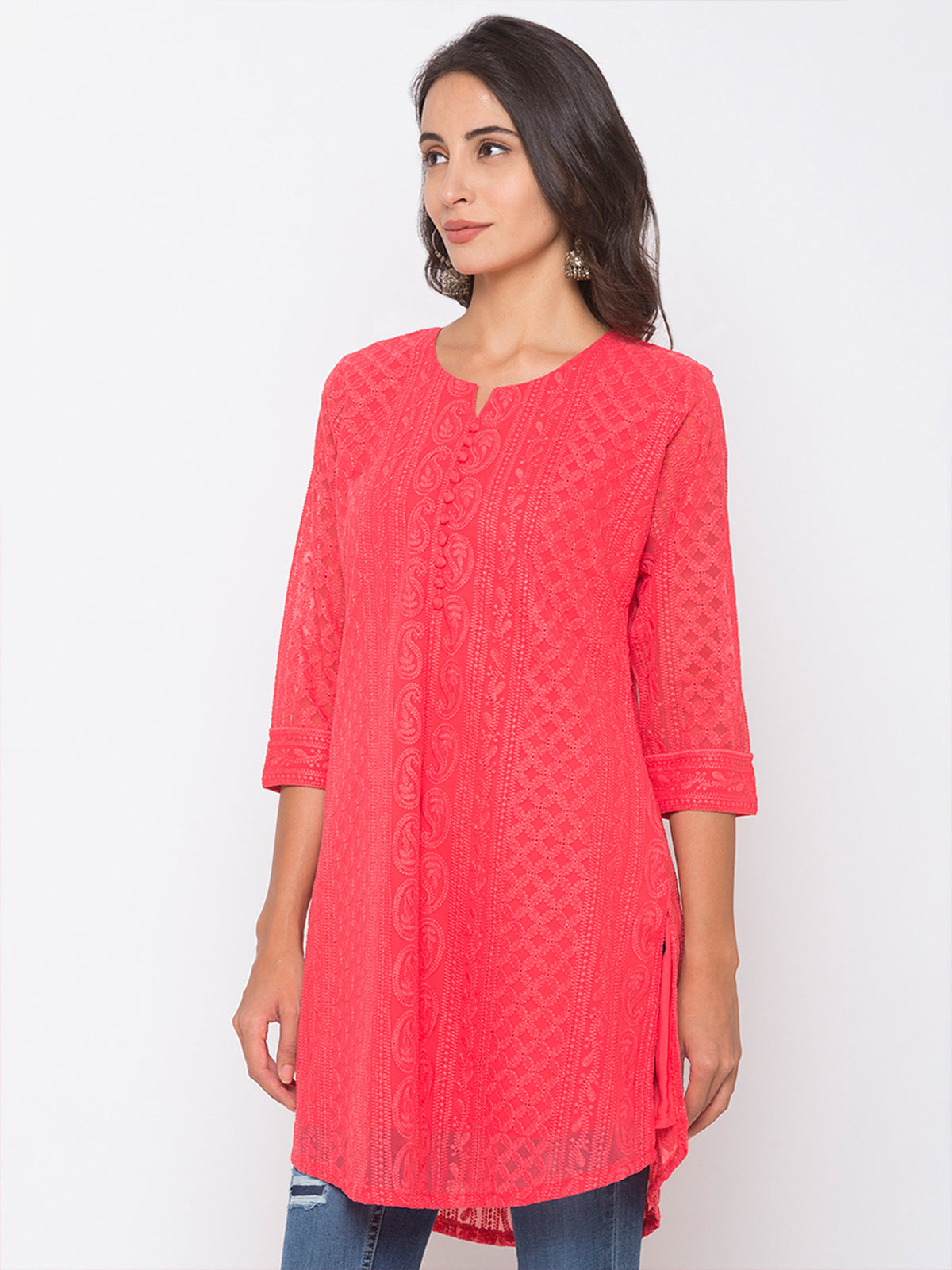 Pink Poly Georgette Straight Embroidered Stitched Kurta