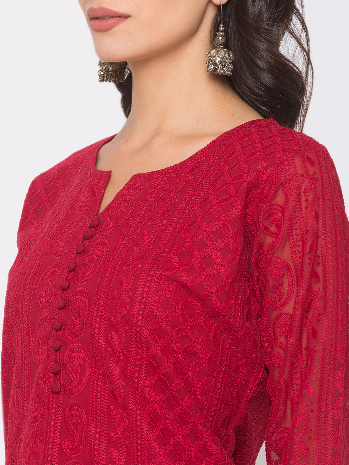 Maroon Poly Georgette Straight Embroidered Stitched Kurta