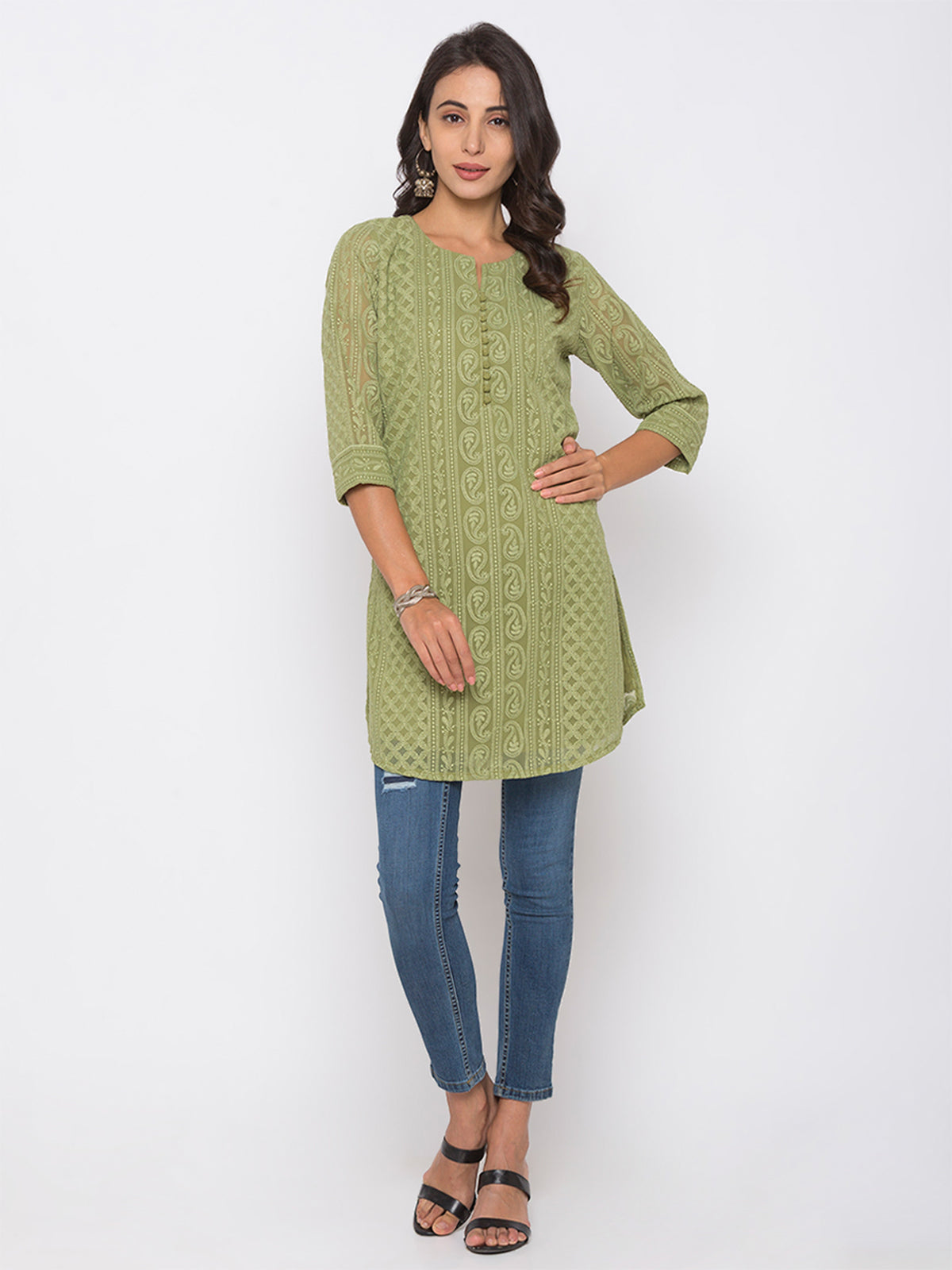 Olive Green        Poly Georgette Straight Embroidered Stitched Kurta