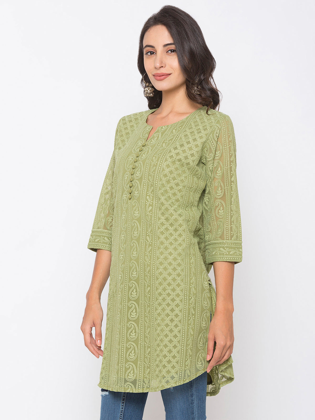 Olive Green        Poly Georgette Straight Embroidered Stitched Kurta