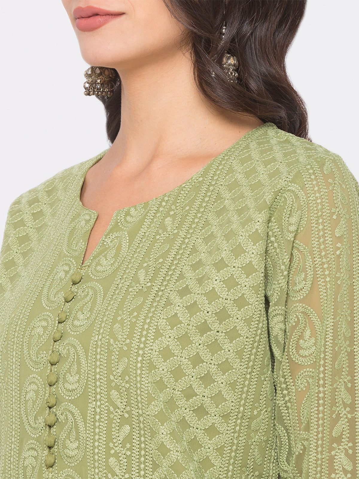 Olive Green        Poly Georgette Straight Embroidered Stitched Kurta