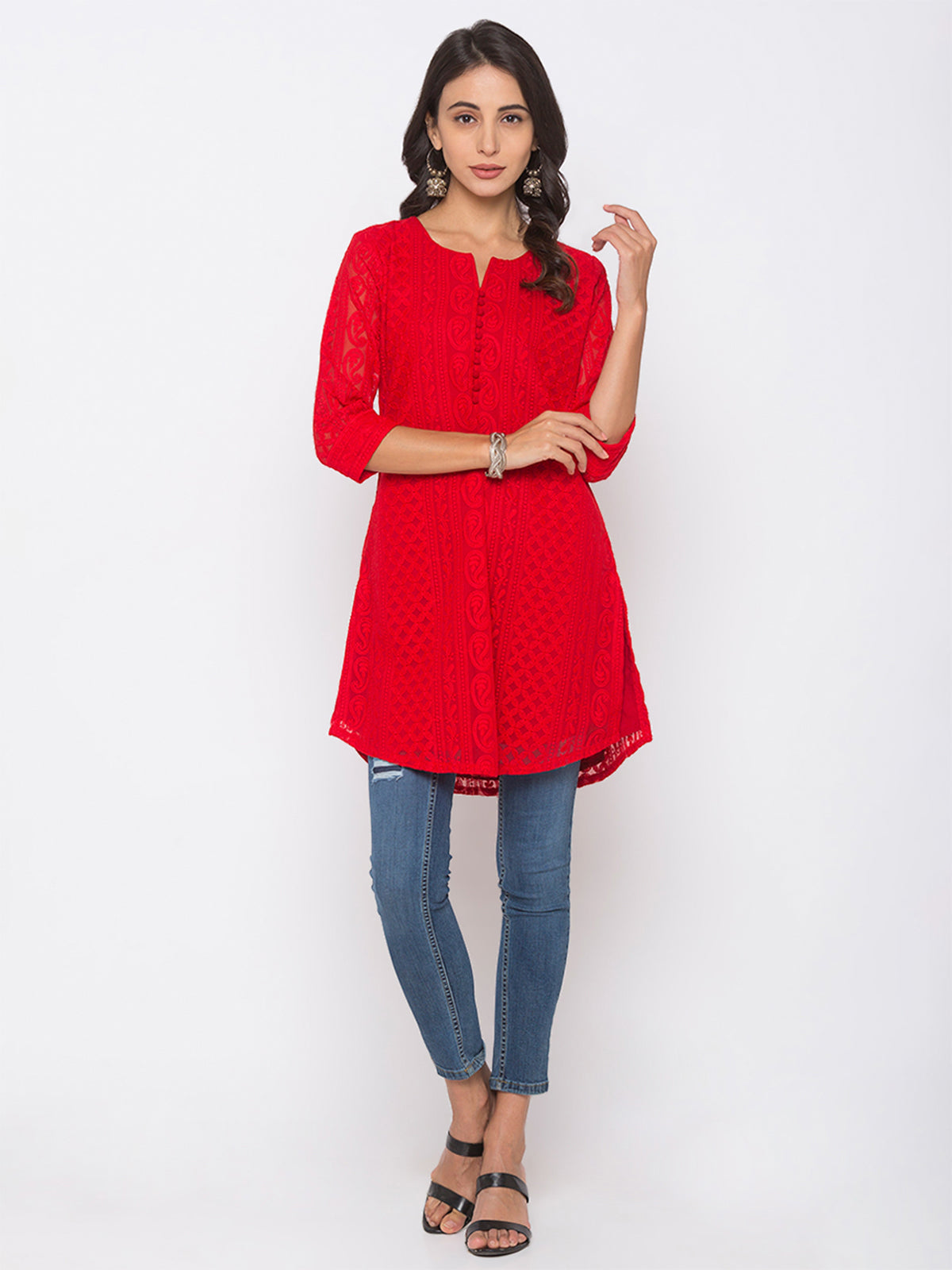 Red Poly Georgette Straight Embroidered Stitched Kurta