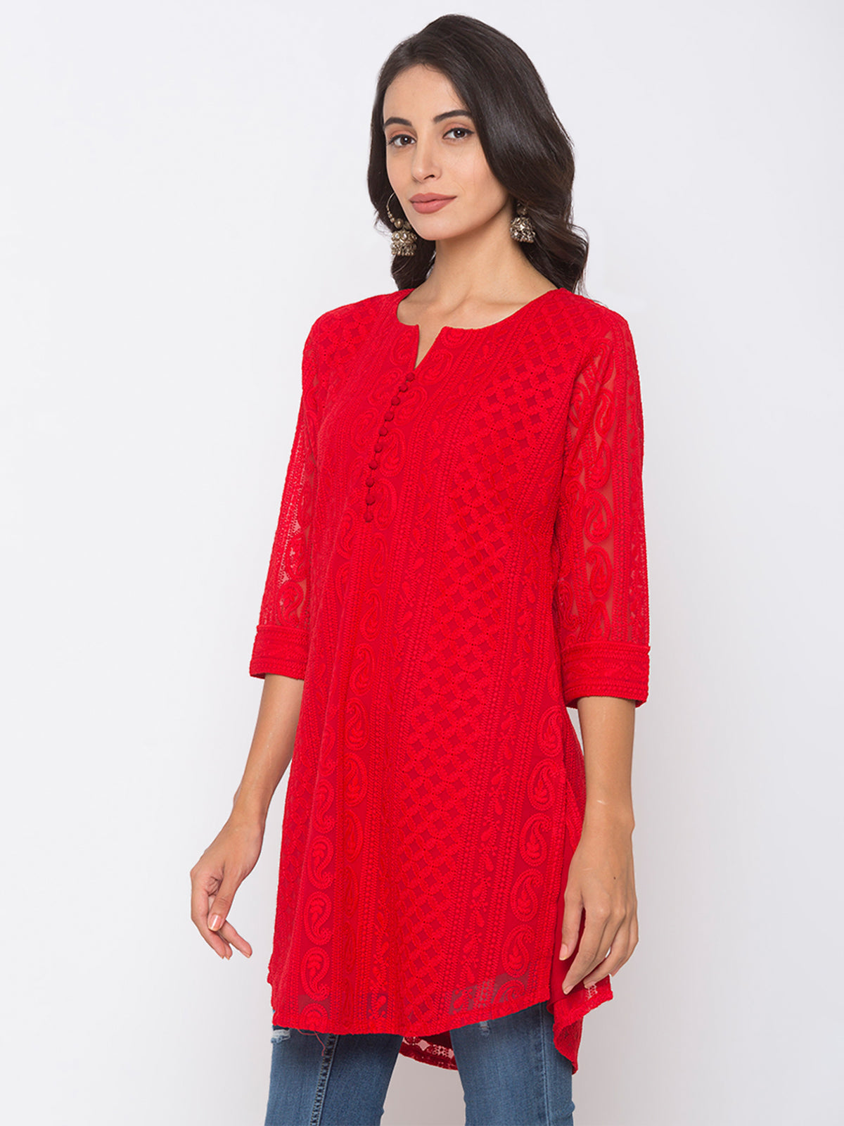 Red Poly Georgette Straight Embroidered Stitched Kurta