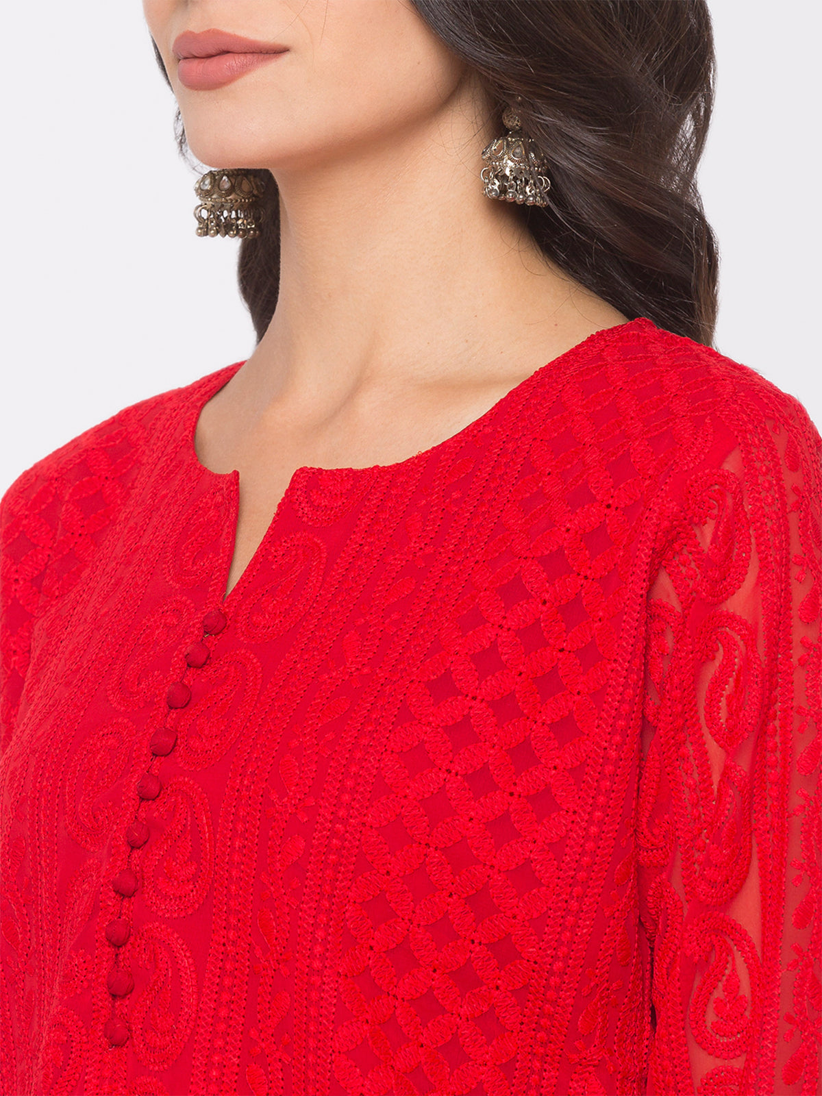 Red Poly Georgette Straight Embroidered Stitched Kurta