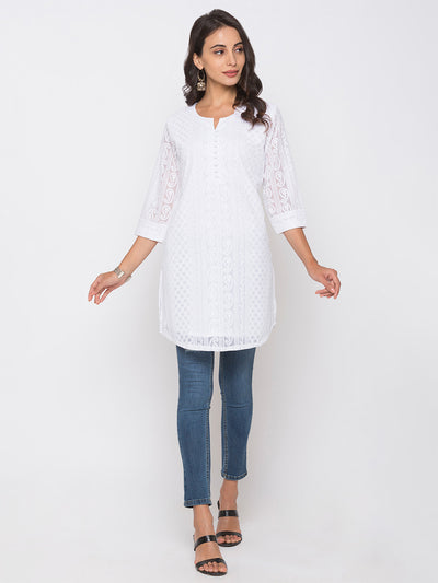 White Poly Georgette Straight Embroidered Stitched Kurta