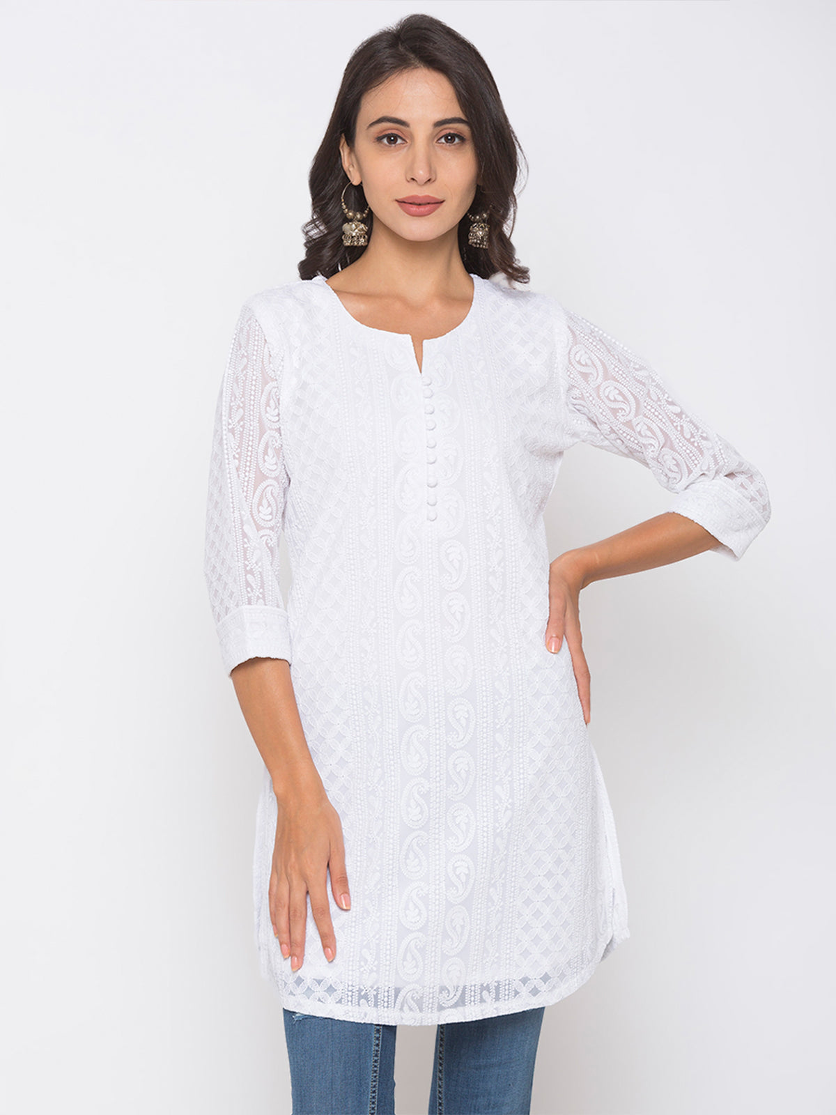 White Poly Georgette Straight Embroidered Stitched Kurta