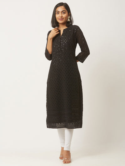 Black Poly Georgette Straight Embroidered Stitched Kurta