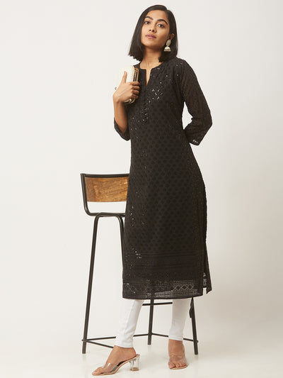 Black Poly Georgette Straight Embroidered Stitched Kurta