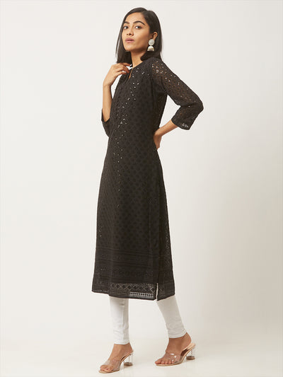 Black Poly Georgette Straight Embroidered Stitched Kurta