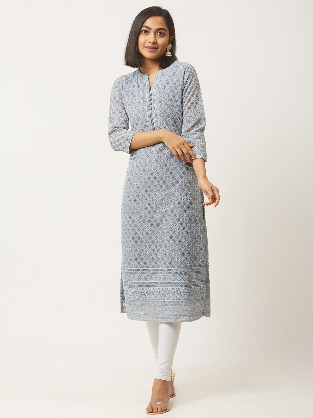 Grey Poly Georgette Straight Embroidered Stitched Kurta