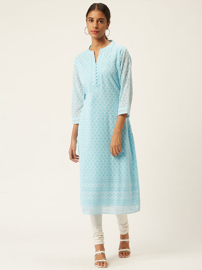 Light Blue Poly Georgette Straight Embroidered Stitched Kurta