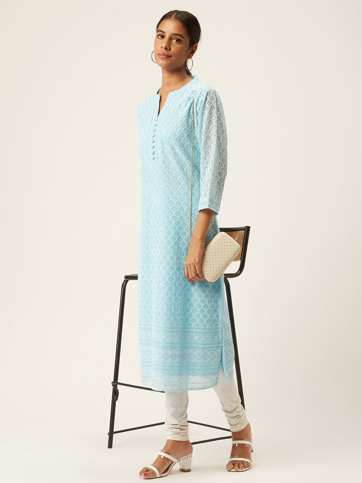 Light Blue Poly Georgette Straight Embroidered Stitched Kurta