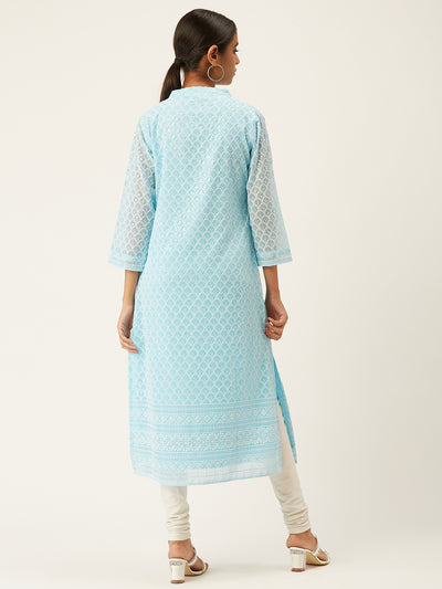 Light Blue Poly Georgette Straight Embroidered Stitched Kurta