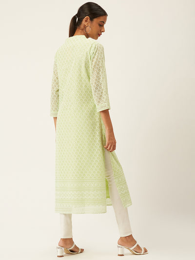 Light Green Poly Georgette Straight Embroidered Stitched Kurta