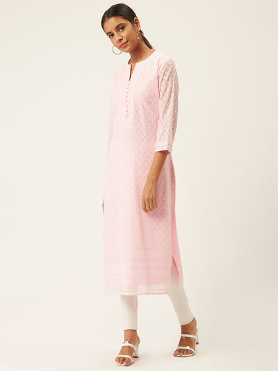 Pink Poly Georgette Straight Embroidered Stitched Kurta